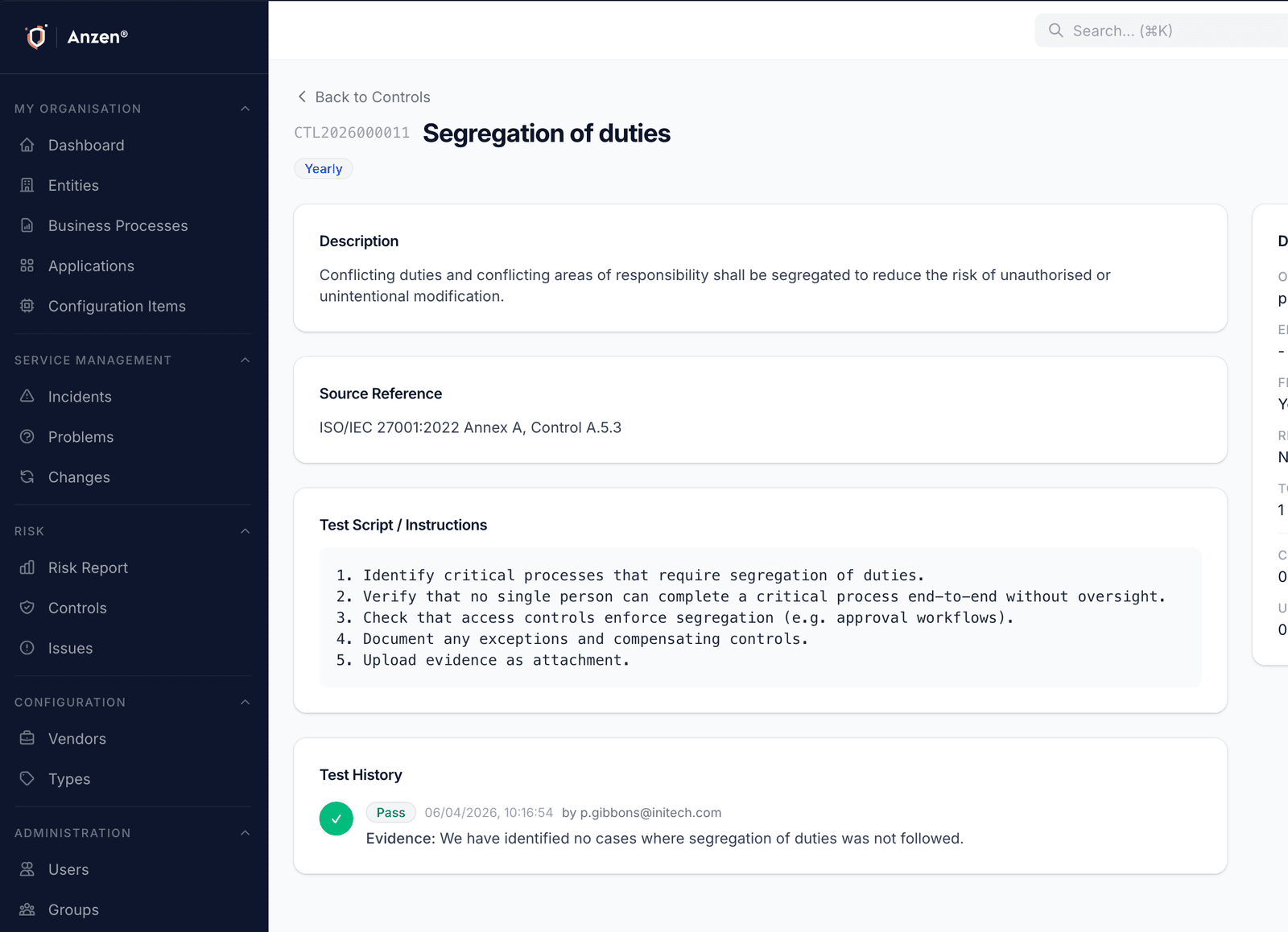 Control detail page with test script and scheduled tests